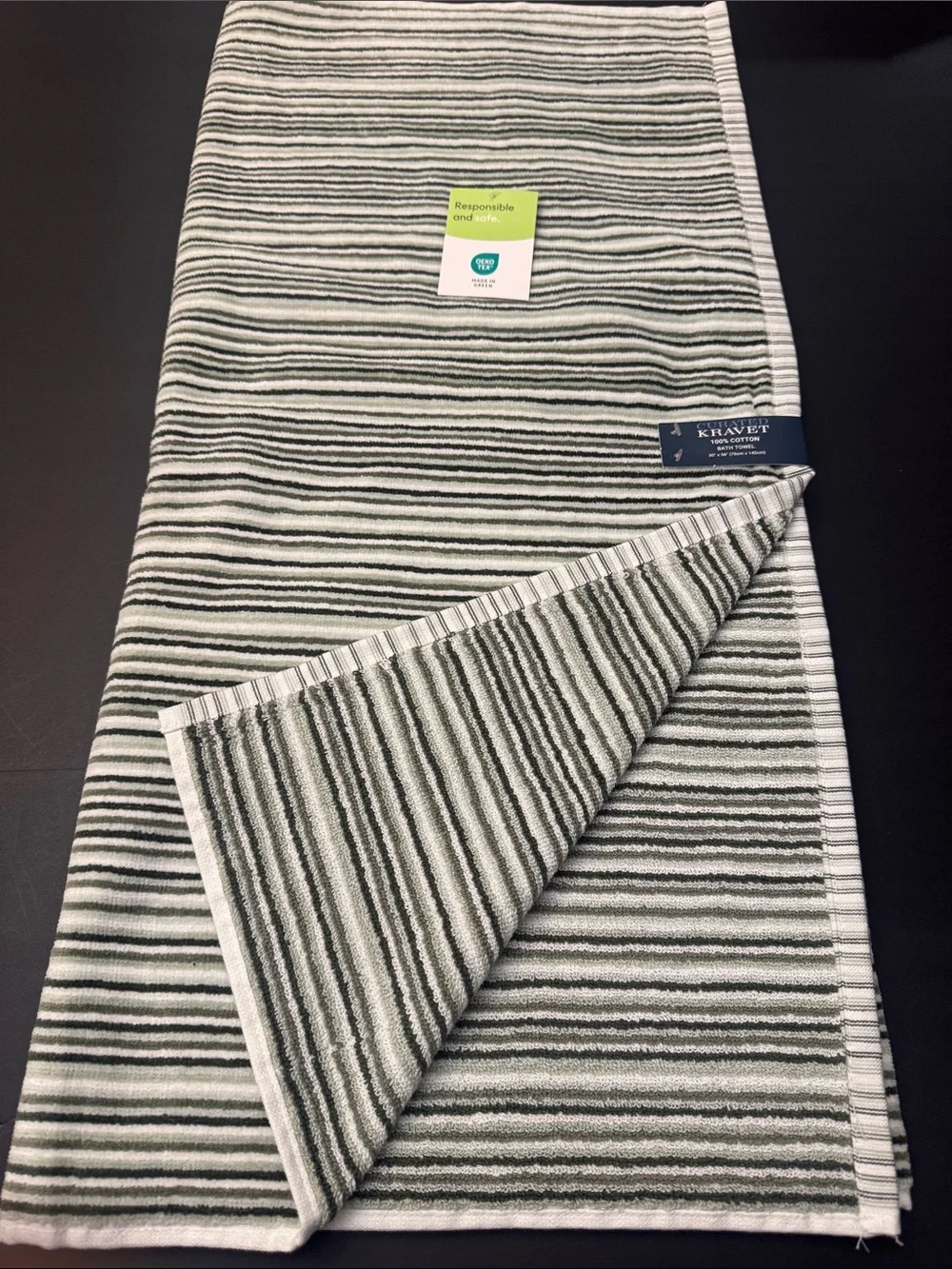 8pc CURATED KRAVET 100% Cotton Green/White Striped Bath Towel Set - Logan